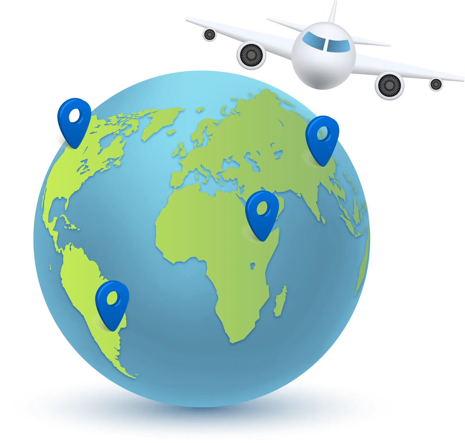 Globe with airport location pins and an airplane