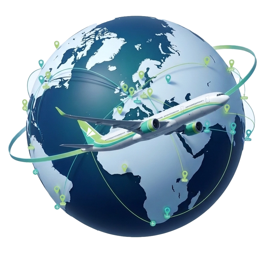 Globe with airport location pins and an airplane